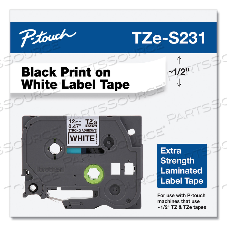 TZE EXTRA-STRENGTH ADHESIVE LAMINATED LABELING TAPE, 0.47" X 26.2 FT, BLACK ON WHITE by Brother