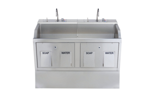 LODI SCRUB SINK (2) PLACE PEDESTAL MOUNTED W/KNEE ACTION CONTROL W/INFRARED WATER CONTROL by Blickman