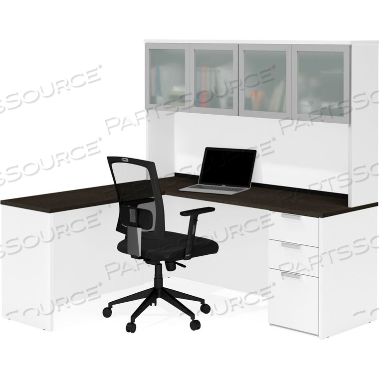 L-DESK WITH FROSTED GLASS DOOR HUTCH - WHITE AND DEEP GRAY - PRO-CONCEPT PLUS SERIES by Bestar Technologies, Inc. L-DESK WITH FROSTED GLASS DOOR HUTCH - WHITE AND DEEP GRAY - PRO-CONCEPT PLUS SERIES by Bestar Technologies, Inc.