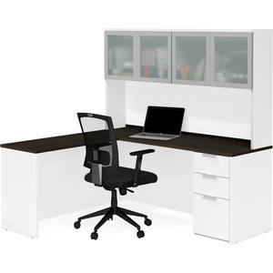 L-DESK WITH FROSTED GLASS DOOR HUTCH - WHITE AND DEEP GRAY - PRO-CONCEPT PLUS SERIES by Bestar Technologies, Inc. L-DESK WITH FROSTED GLASS DOOR HUTCH - WHITE AND DEEP GRAY - PRO-CONCEPT PLUS SERIES by Bestar Technologies, Inc.