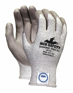 MCR SAFETY DYNEEMA, 13 GAUGE SALT AND PEPPER SHELL, GRAY PU COATING, CUT LEVEL A3, ABRASION 5, PUNCTURE 3, DEXTERITY 5 by MCR Safety