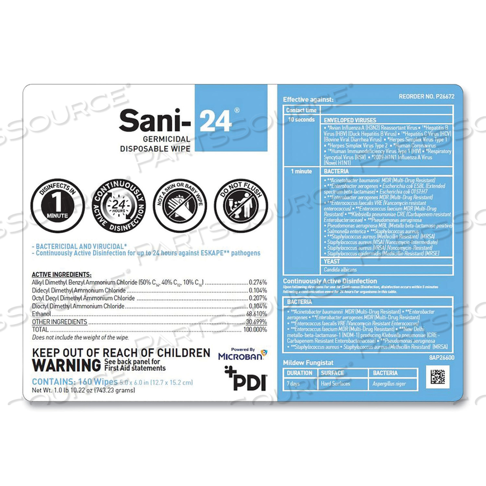 SANI-24 GERMICIDAL DISPOSABLE WIPES, LARGE, 6 X 6.75, UNSCENTED, WHITE, 65/PACK 