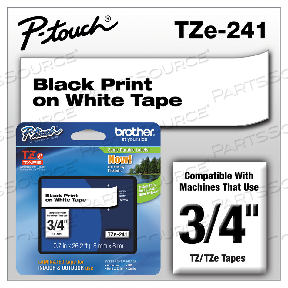 TZE STANDARD ADHESIVE LAMINATED LABELING TAPE, 0.7" X 26.2 FT, BLACK ON WHITE by Brother