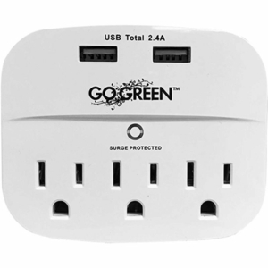 GOGREEN POWER 3 OUTLET WALL TAP WITH 2 USB PORTS, 490 JOULES, - WHITE by Perf Power Go Green