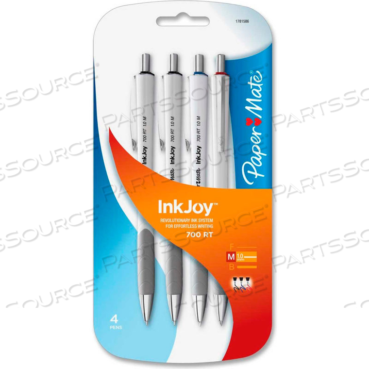 RETRACTABLE BALLPOINT PENS, ASSORTED INK, WHITE BARREL, 4/PACK 