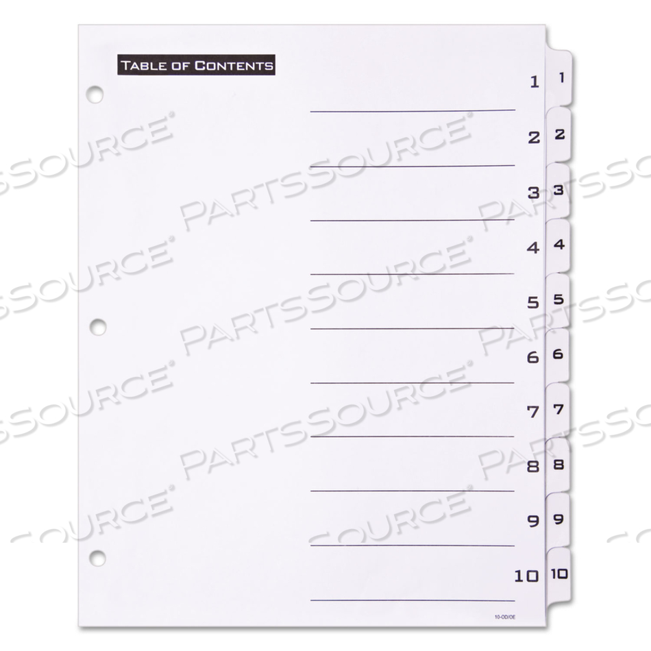 TABLE 'N TABS DIVIDERS, 10-TAB, 1 TO 10, 11 X 8.5, WHITE, WHITE TABS, 1 SET 