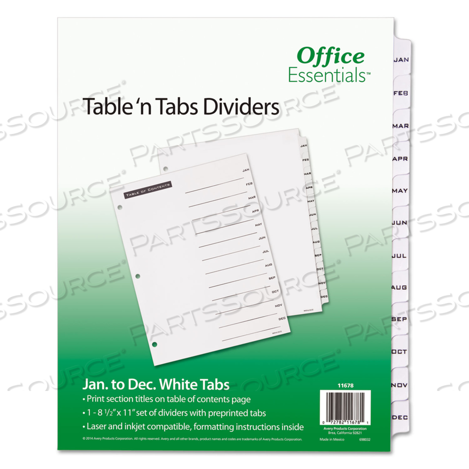 TABLE 'N TABS DIVIDERS, 12-TAB, JAN. TO DEC., 11 X 8.5, WHITE, WHITE TABS, 1 SET 