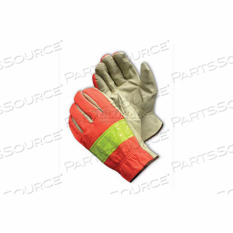HI-VISIBILITY LEATHER GLOVES, UNLINED, TOP GRAIN PIGSKIN LEATHER, 3M REFLECTIVE BAND, M 