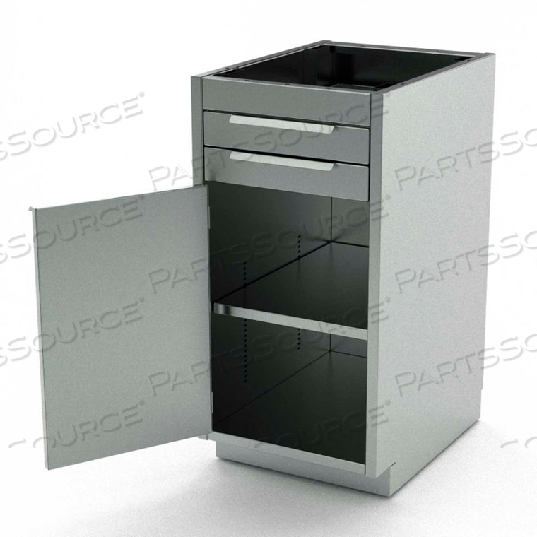 STAINLESS STEEL BASE CABINET, 1 HINGED DOOR, 1 SHELF, 2 DRAWERS, 24"W X 21"D X 36"H 