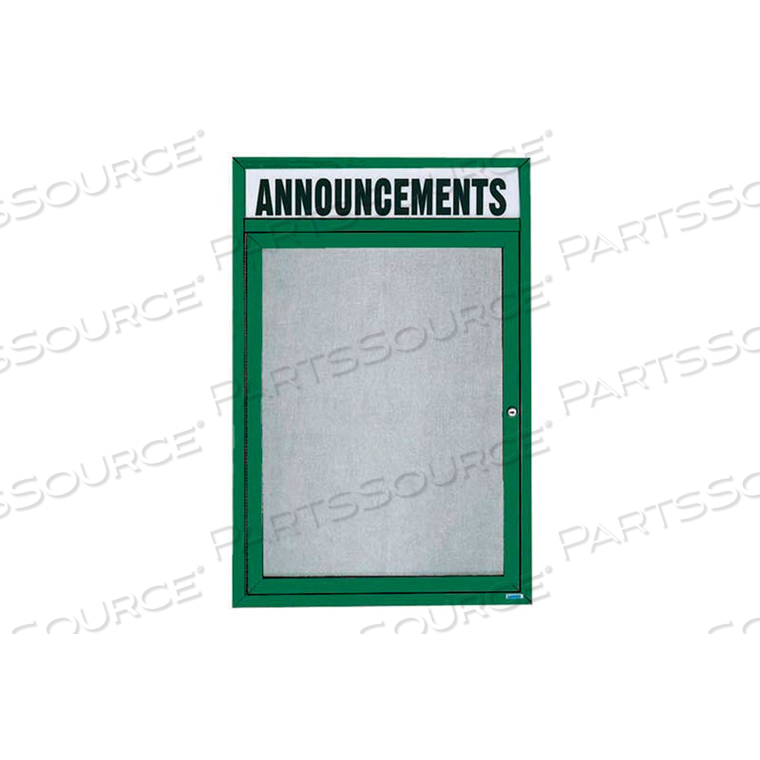 1 DOOR ENCLOSED ALUM FRAMED BULLETIN BOARD W/ HEADER GREEN PC - 24"W X 36"H 