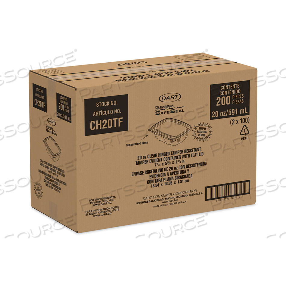 CLEARPAC SAFESEAL TAMPER-RESISTANT, TAMPER-EVIDENT CONTAINERS, TALL, FLAT LID, 20 OZ, 5.7 X 7.3 X 1.8, CLEAR, PLASTIC by Dart Container Corporation CLEARPAC SAFESEAL TAMPER-RESISTANT, TAMPER-EVIDENT CONTAINERS, TALL, FLAT LID, 20 OZ, 5.7 X 7.3 X 1.8, CLEAR, PLASTIC by Dart Container Corporation