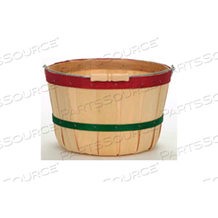 1/2 PECK WOOD BASKET WITH METAL HANDLE/WOOD GRIP, WITH RED & GREEN BANDS 12 PC - NATURAL 