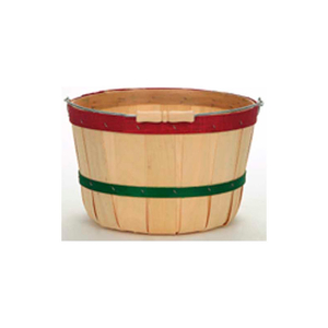 1/2 PECK WOOD BASKET WITH METAL HANDLE/WOOD GRIP, WITH RED & GREEN BANDS 12 PC - NATURAL by Texas Basket Co.