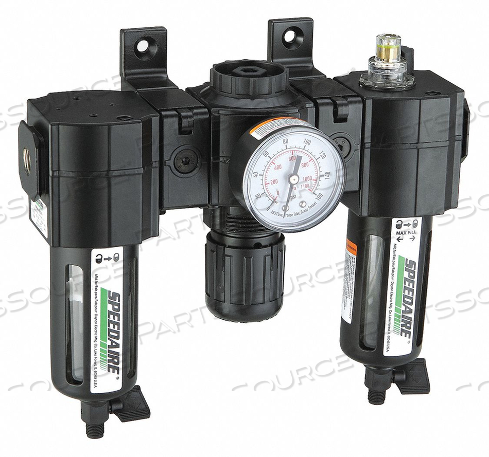 FILTER/REGULATOR/LUBRICATOR, AIR INLET SIZE 1/2 IN, AIR INLET TYPE NPT, MAXIMUM FLOW RATE 60 CFM, MAXIMUM OPERATING PRESSURE 150 PSI, FILTER by Speedaire FILTER/REGULATOR/LUBRICATOR, AIR INLET SIZE 1/2 IN, AIR INLET TYPE NPT, MAXIMUM FLOW RATE 60 CFM, MAXIMUM OPERATING PRESSURE 150 PSI, FILTER by Speedaire