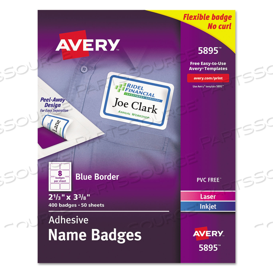FLEXIBLE ADHESIVE NAME BADGE LABELS, 3.38 X 2.33, WHITE/BLUE BORDER by Avery FLEXIBLE ADHESIVE NAME BADGE LABELS, 3.38 X 2.33, WHITE/BLUE BORDER by Avery