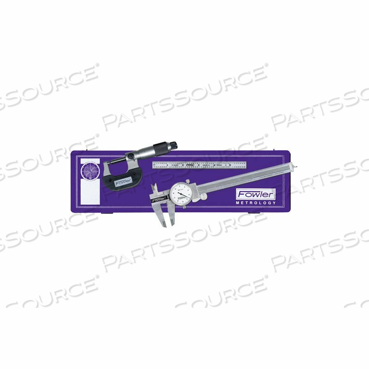 3-PIECE DIAL CALIPER, MICROMETER & STEEL RULE TOOLMAKERS UNIVERSAL MEASURING SET by Fowler