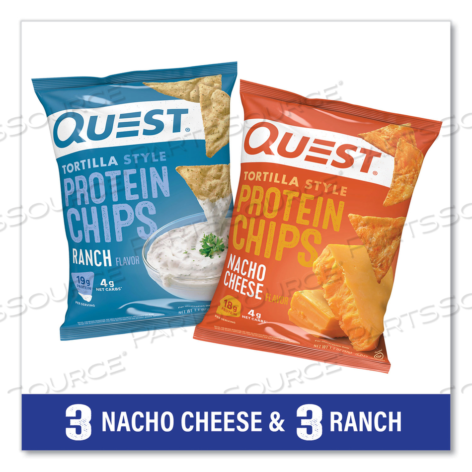 TORTILLA STYLE PROTEIN CHIPS, NACHO CHEESE/RANCH, 1.1 OZ BAG, 6/BOX 