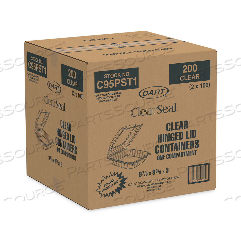 CLEARSEAL HINGED-LID PLASTIC CONTAINERS, 9.3 X 8.8 X 3, CLEAR, PLASTIC, 100/BAG by Dart Container Corporation CLEARSEAL HINGED-LID PLASTIC CONTAINERS, 9.3 X 8.8 X 3, CLEAR, PLASTIC, 100/BAG by Dart Container Corporation