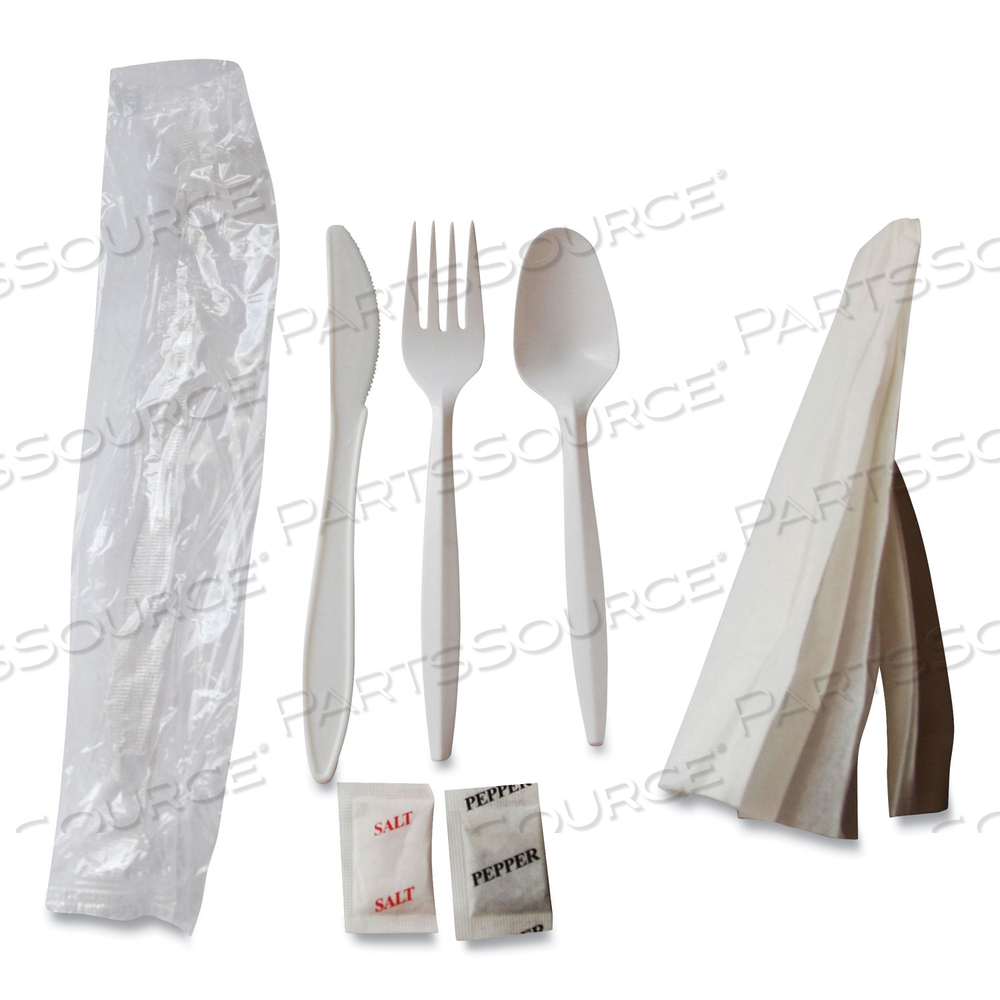 MEDIUMWEIGHT CUTLERY KIT, PLASTIC FORK/SPOON/KNIFE/SALT/PEP/NAPKIN, WHITE, 250/CARTON by Berkley Square MEDIUMWEIGHT CUTLERY KIT, PLASTIC FORK/SPOON/KNIFE/SALT/PEP/NAPKIN, WHITE, 250/CARTON by Berkley Square