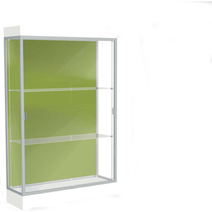 EDGE LIGHTED FLOOR CASE, PALE GREEN BACK, SATIN FRAME, 6" FROSTY WHITE BASE, 48"W X 76"H X 20"D by Waddell Display