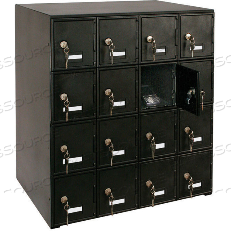 16 DOOR CELL PHONE LOCKER WITH KEY LOCKS, 22"WX16"DX26"H, BLACK, ASSEMBLED by United Visual Products 16 DOOR CELL PHONE LOCKER WITH KEY LOCKS, 22"WX16"DX26"H, BLACK, ASSEMBLED by United Visual Products