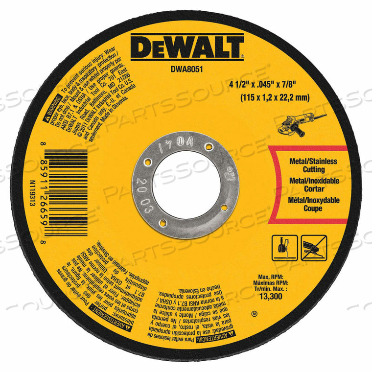 METAL CUTTING WHEEL TYPE 1 4-1/2" X 7/8" ALUMINUM OXIDE 60 GRIT by DeWalt