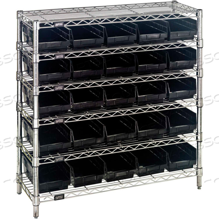 STEEL WIRE SHELVING WITH 25 CONDUCTIVE 4"H BINS BLACK - 6 SHELVES - 36"W X 12"D X 36"H by Quantum Storage Systems