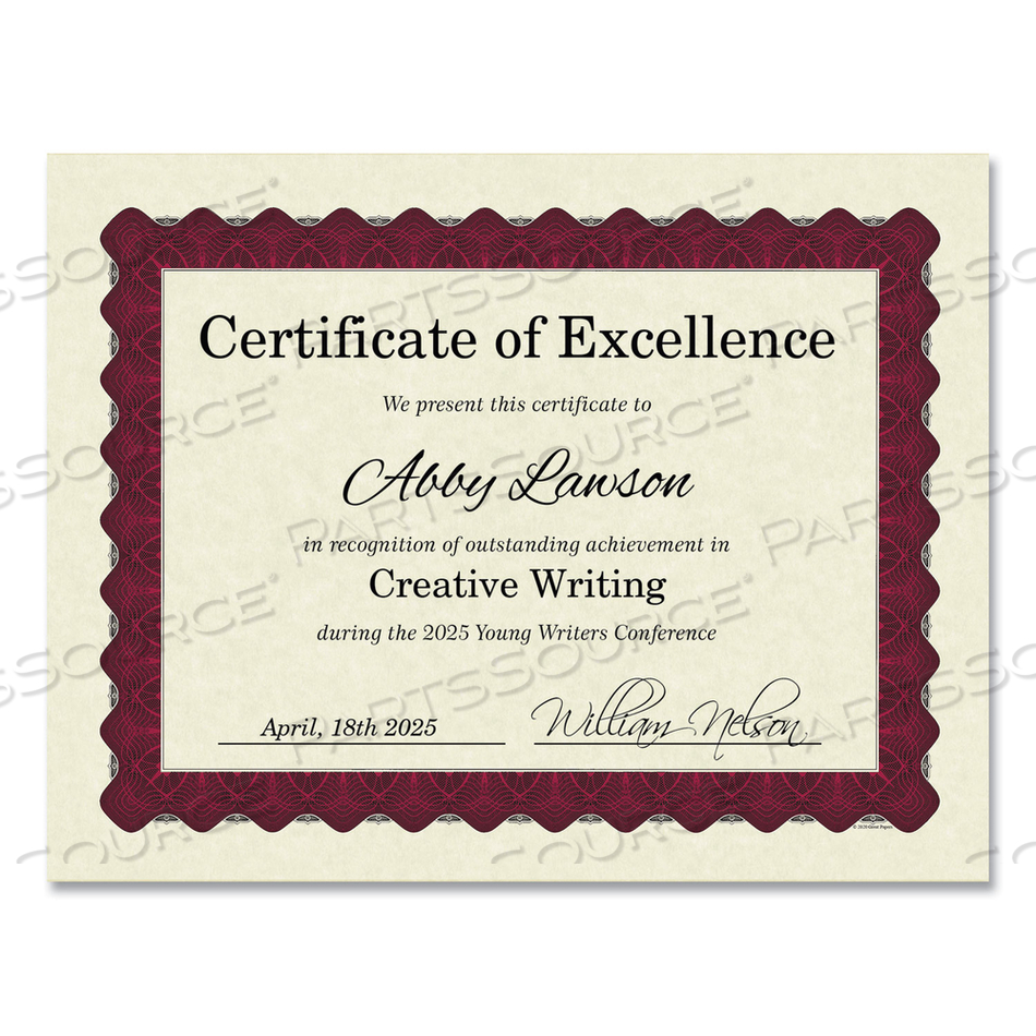 METALLIC BORDER CERTIFICATES, 11 X 8.5, IVORY/RED WITH RED BORDER, 100/PACK 