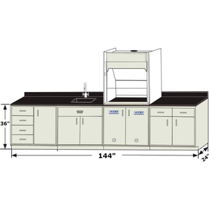 PIONEER BASE CABINET GROUPING WITH CE AIRESTREAM FUME HOOD, 144"W X 24"D X 81"H by HEMCO Corporation