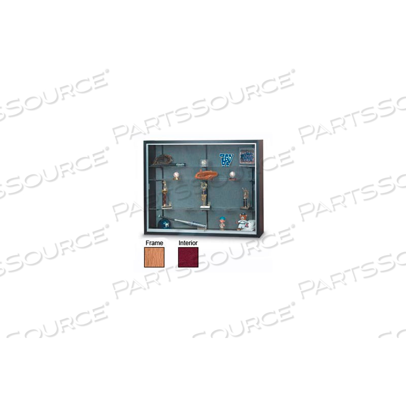 60" X 48" X 16" OAK LAMINATE DISPLAY CASE W/THREE SHELVES AND BURGUNDY INTERIOR by United Visual Products