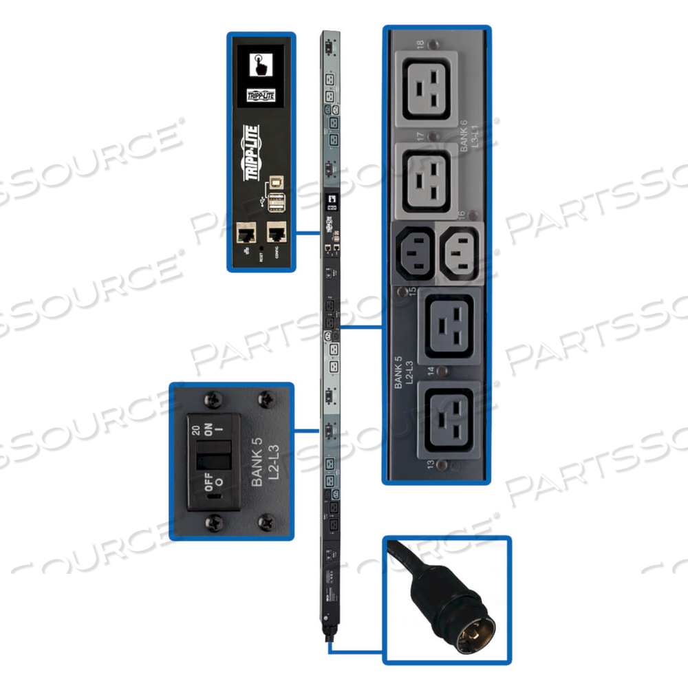 14.4KW 3-PHASE SWITCHED PDU - 6 C13 & 12 C19 OUTLETS HUBBELL 50A by Tripp Lite 14.4KW 3-PHASE SWITCHED PDU - 6 C13 & 12 C19 OUTLETS HUBBELL 50A by Tripp Lite