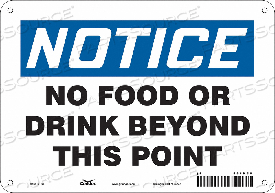 SAFETY SIGN, VERTICAL RECTANGLE, NUMBER OF PRINTED SIDES 1, ENGLISH, SIGN LEGEND NO FOOD OR DRINK BEYOND THIS POINT, SIGN LEGEND BACKGROUND by Condor SAFETY SIGN, VERTICAL RECTANGLE, NUMBER OF PRINTED SIDES 1, ENGLISH, SIGN LEGEND NO FOOD OR DRINK BEYOND THIS POINT, SIGN LEGEND BACKGROUND by Condor