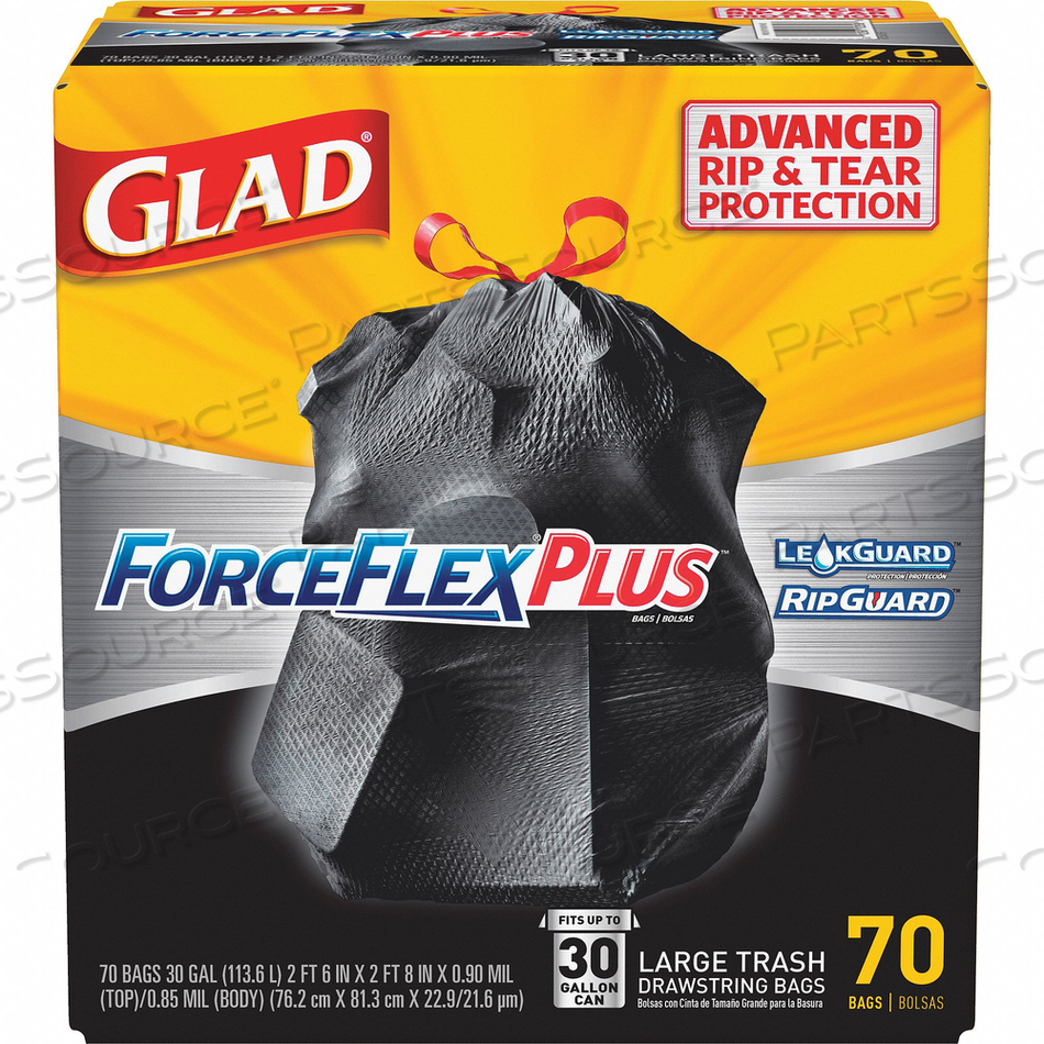 FORCEFLEXPLUS DRAWSTRING LARGE TRASH BAGS, 30 GAL, 1.05 MIL, 30" X 32", BLACK by Glad FORCEFLEXPLUS DRAWSTRING LARGE TRASH BAGS, 30 GAL, 1.05 MIL, 30" X 32", BLACK by Glad