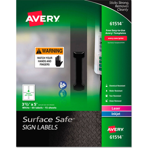 SURFACE SAFE SIGN LABELS, 3-1/2" X 5", WHITE, 60/PACK by Avery