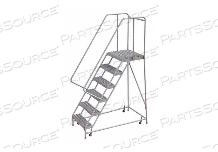 6 STEP ALUMINUM ROLLING LADDER, 24"W GRIP TREAD, 21"D TOP STEP, 32" HANDRAILS by Tri-Arc 6 STEP ALUMINUM ROLLING LADDER, 24"W GRIP TREAD, 21"D TOP STEP, 32" HANDRAILS by Tri-Arc