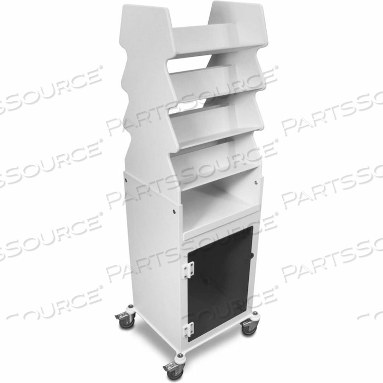 WHITE TALL SLANTED SUTURE CART WITH BULK STORAGE AREA, SMOKE ACRYLIC DOOR WHITE TALL SLANTED SUTURE CART WITH BULK STORAGE AREA, SMOKE ACRYLIC DOOR