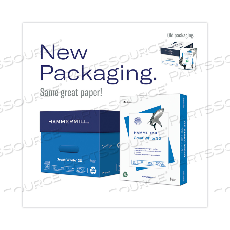 GREAT WHITE 30 RECYCLED PRINT PAPER, 92 BRIGHT, 20 LB BOND WEIGHT, 8.5 X 11, WHITE, 500 SHEETS/REAM by Hammermill