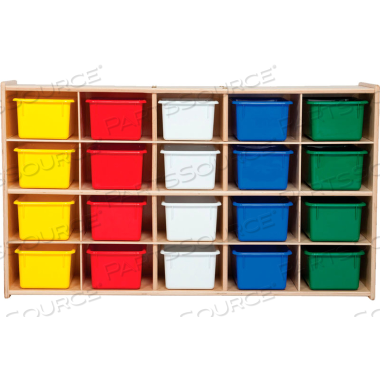 20 TRAY CUBBY STORAGE, UNASSEMBLED W/ASSORTED TRAYS, 46-3/4"W X 12"D X 27-1/4"H by Wood Designs 20 TRAY CUBBY STORAGE, UNASSEMBLED W/ASSORTED TRAYS, 46-3/4"W X 12"D X 27-1/4"H by Wood Designs