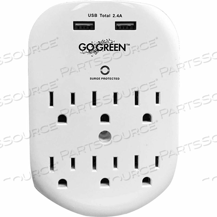 GOGREEN POWER 6 OUTLET WALL TAP WITH 2 USB PORTS, 490 JOULES, - WHITE 