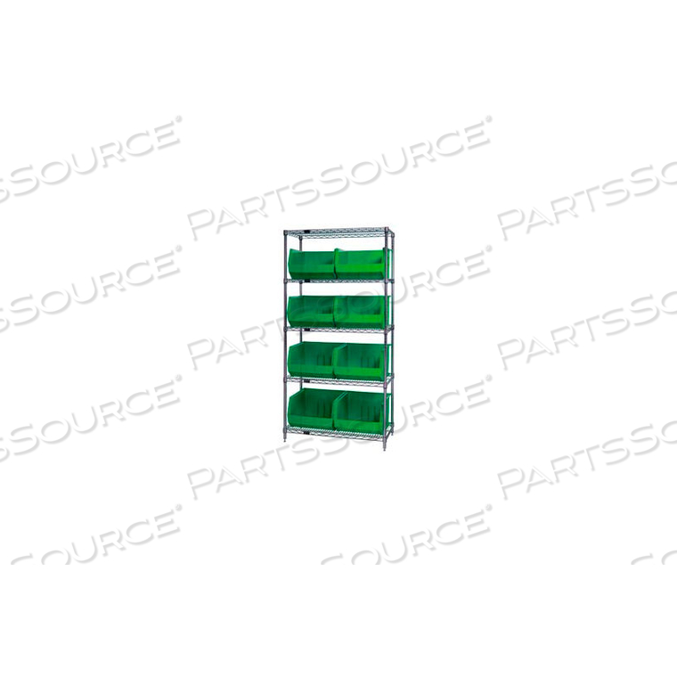 WR5-270 CHROME WIRE SHELVING WITH 8 GIANT PLASTIC STACKING BINS GREEN, 36X18X74 by Quantum Storage Systems WR5-270 CHROME WIRE SHELVING WITH 8 GIANT PLASTIC STACKING BINS GREEN, 36X18X74 by Quantum Storage Systems