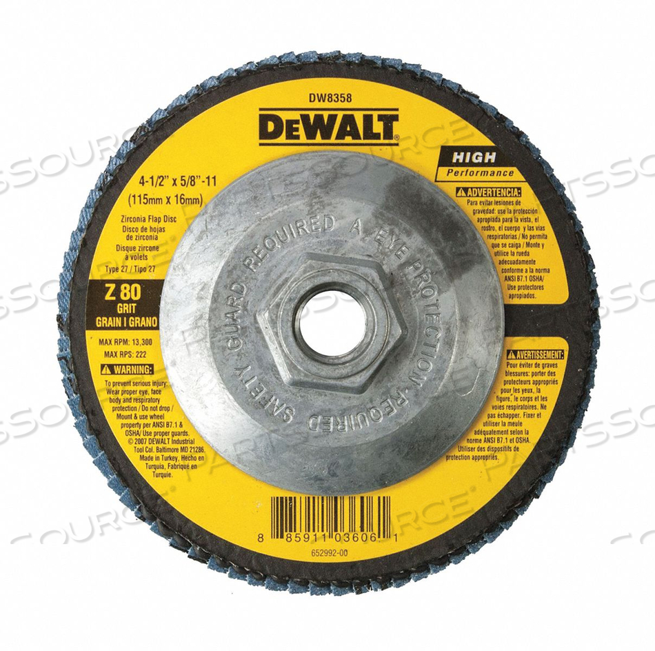 FLAP DISC TYPE 27 4-1/2" X 5/8-11" 80 GRIT ZIRCONIA by DeWalt