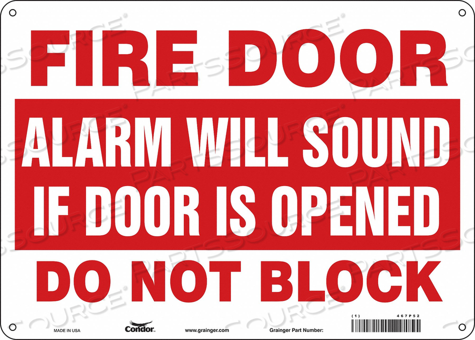 SAFETY SIGN EMERGENCY EXIT, HORIZONTAL RECTANGLE, NUMBER OF PRINTED SIDES 1, ENGLISH, SIGN LEGEND FIRE DOOR ALARM WILL SOUND IF DOOR IS OPEN by Condor
