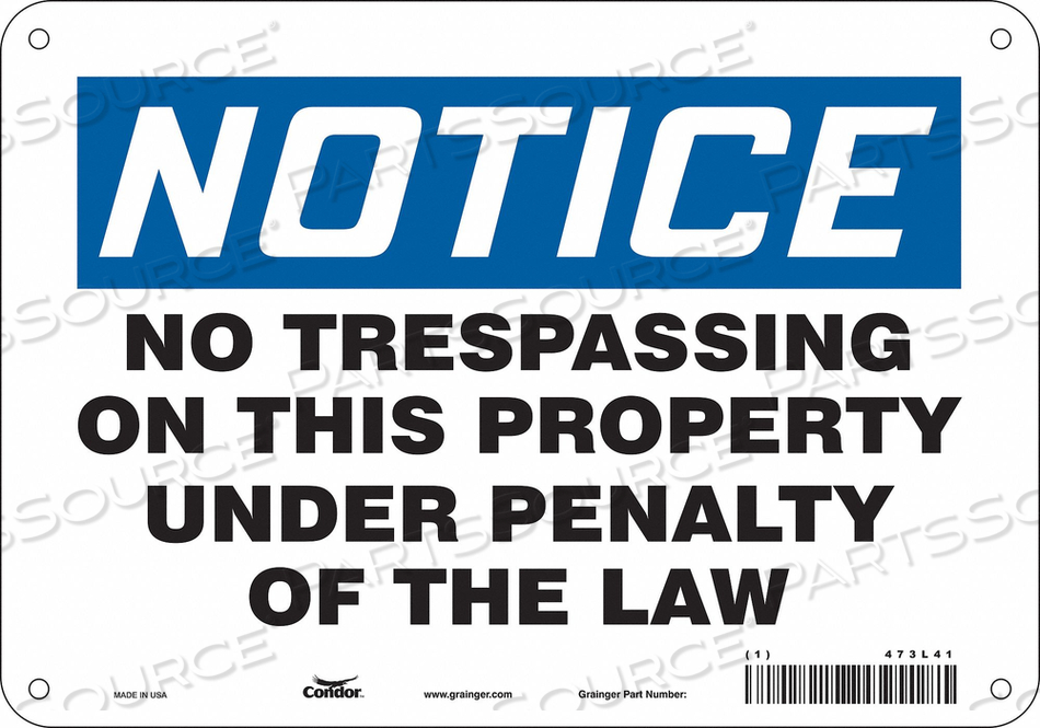 SAFETY SIGN, VERTICAL RECTANGLE, NUMBER OF PRINTED SIDES 1, ENGLISH, SIGN FORMAT TRADITIONAL OSHA, SIGN LEGEND NO TRESPASSING ON THIS PROPER by Condor SAFETY SIGN, VERTICAL RECTANGLE, NUMBER OF PRINTED SIDES 1, ENGLISH, SIGN FORMAT TRADITIONAL OSHA, SIGN LEGEND NO TRESPASSING ON THIS PROPER by Condor