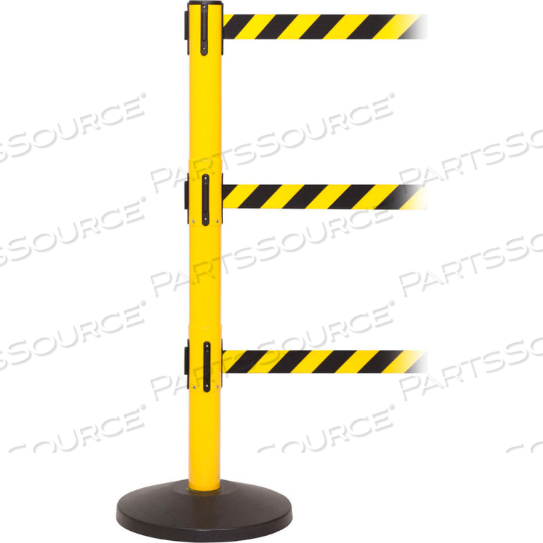 SAFETYPRO 250 RETRACTABLE TRIPLE BELT BARRIER, 40" YELLOW POST, 11' BLACK/YELLOW BELT by Queue Solutions LLC