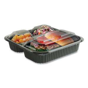 CULINARY SQUARES 2-PIECE/3-COMPARTMENT MICROWAVABLE CONTAINER, 21 OZ/6 OZ/6 OZ, 8.46 X 8.46 X 2.5, CLEAR/BLK, PLASTIC, 150/CT by Anchor