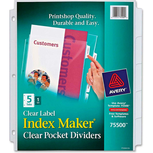 INDEX MAKER 5-TAB CLEAR POCKET VIEW DIVIDER, PRINT-ON, 8.5"X11", 5 TABS, WHITE/CLEAR by Avery