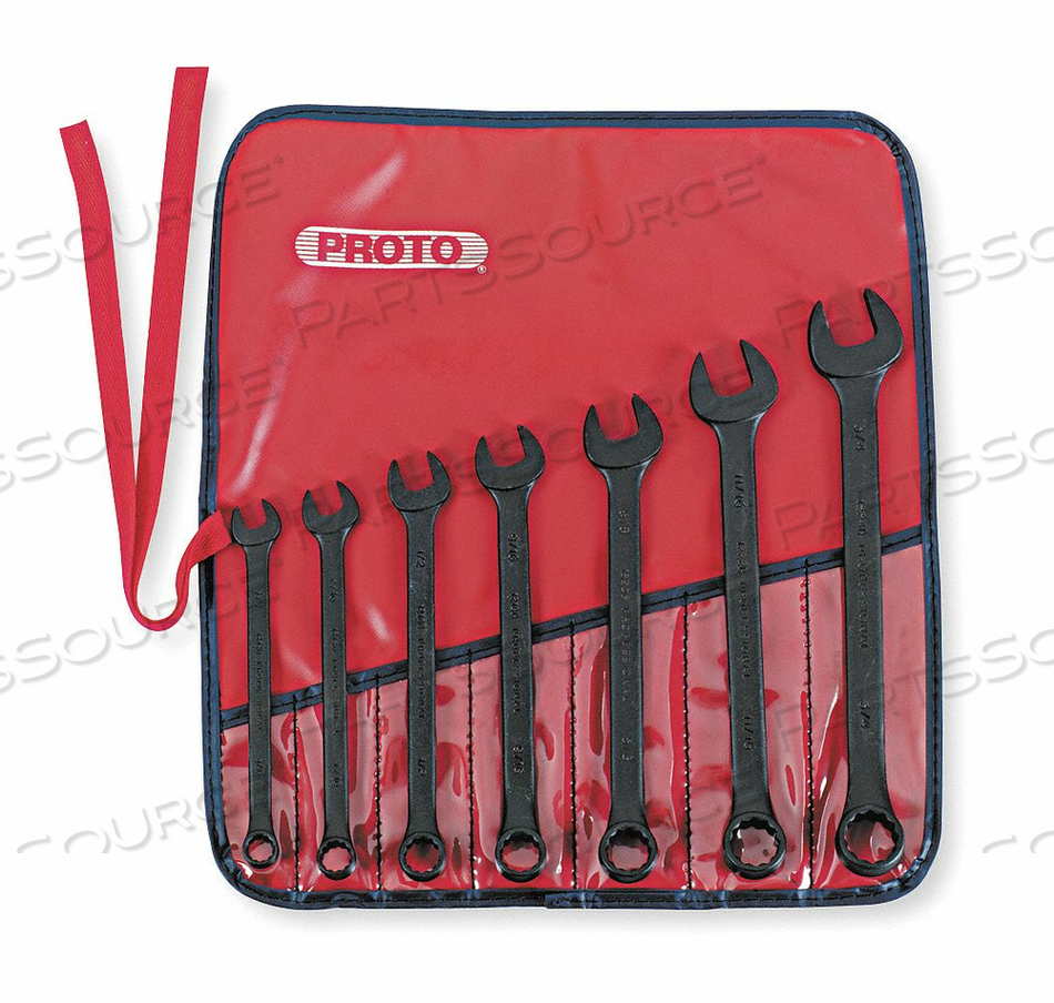 COMBINATION WRENCH SET, ALLOY STEEL, BLACK OXIDE, NUMBER OF TOOLS 7, RANGE OF HEAD SIZES 3/8 IN TO 3/4 IN, HEAD OFFSET ANGLE 15 DEGREES , OF by Proto