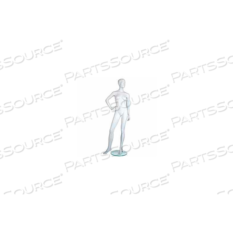 FEMALE MANNEQUIN - MOLDED HAIR, RIGHT HAND-HIP, RIGHT LEG TO SIDE - CAMEO WHITE 