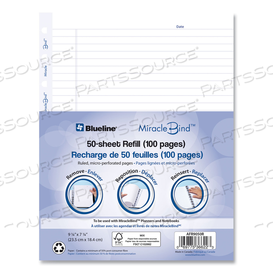 MIRACLEBIND RULED PAPER REFILL SHEETS FOR ALL MIRACLEBIND NOTEBOOKS AND PLANNERS, 9.25 X 7.25, WHITE/BLUE SHEETS, UNDATED by Blueline MIRACLEBIND RULED PAPER REFILL SHEETS FOR ALL MIRACLEBIND NOTEBOOKS AND PLANNERS, 9.25 X 7.25, WHITE/BLUE SHEETS, UNDATED by Blueline