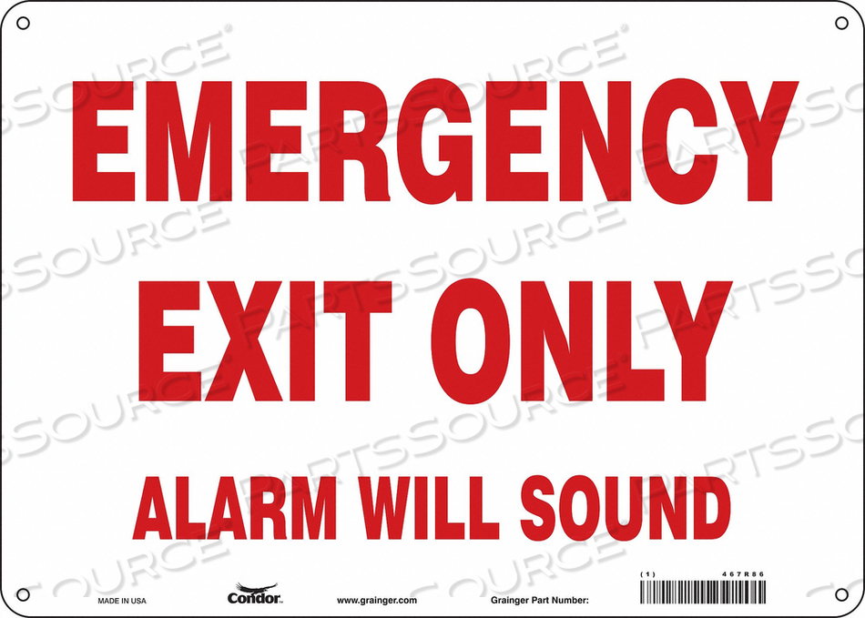 SAFETY SIGN EMERGENCY EXIT, HORIZONTAL RECTANGLE, NUMBER OF PRINTED SIDES 1, ENGLISH, SIGN LEGEND EMERGENCY EXIT ONLY ALARM WILL SOUND, SIGN by Condor